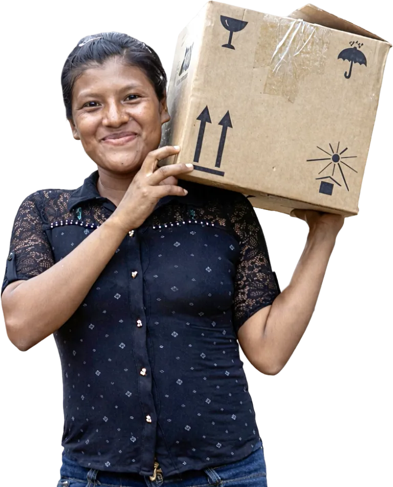 Girl with a box full of relief supplies
